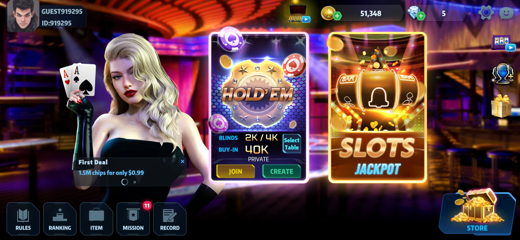 Poker Master - Texas Hold’em - Poker Master game lobby showing Texas Holdem and Slots game modes with a female dealer character