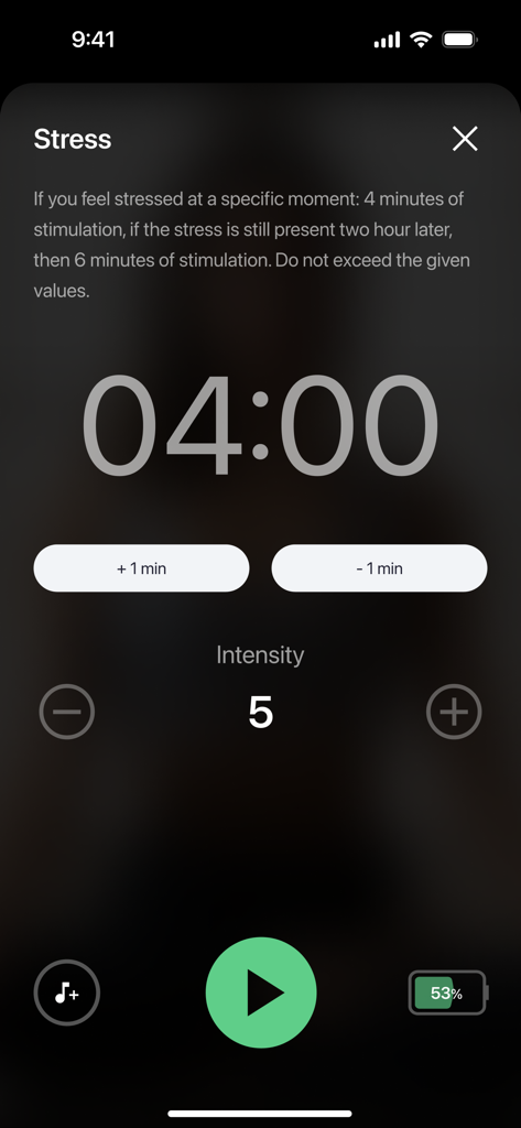 Pulsetto Wellness App Stressstimulations-Timer und Intensitätseinstellungen.