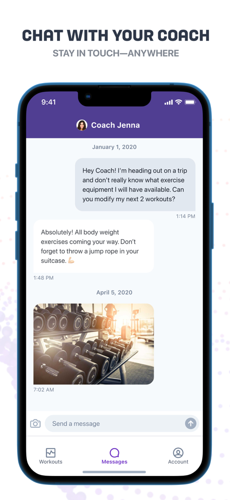 TrueCoach app interface showing an internal messaging chat between a client and their fitness coach