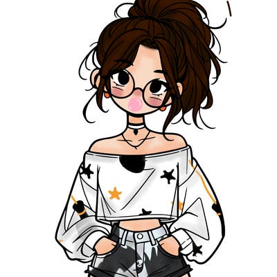 girl with a messy ponytail glasses a baggy crop top and jean shorts