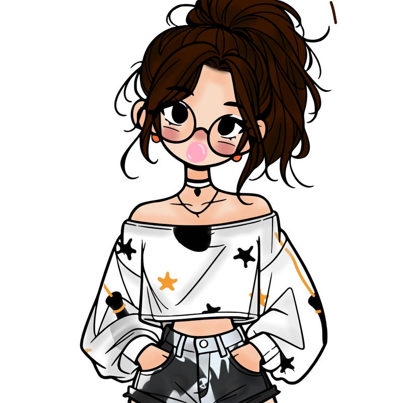 girl with a messy ponytail glasses a baggy crop top and jean shorts