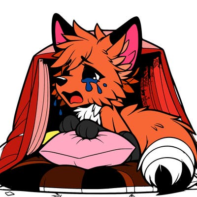 a hibrid fox crying in a pillow fort