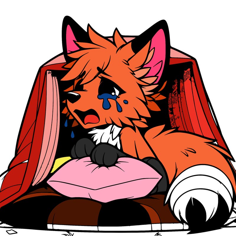 a hibrid fox crying in a pillow fort