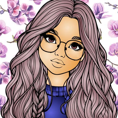 girl with long hair and freckles and glasses realistic