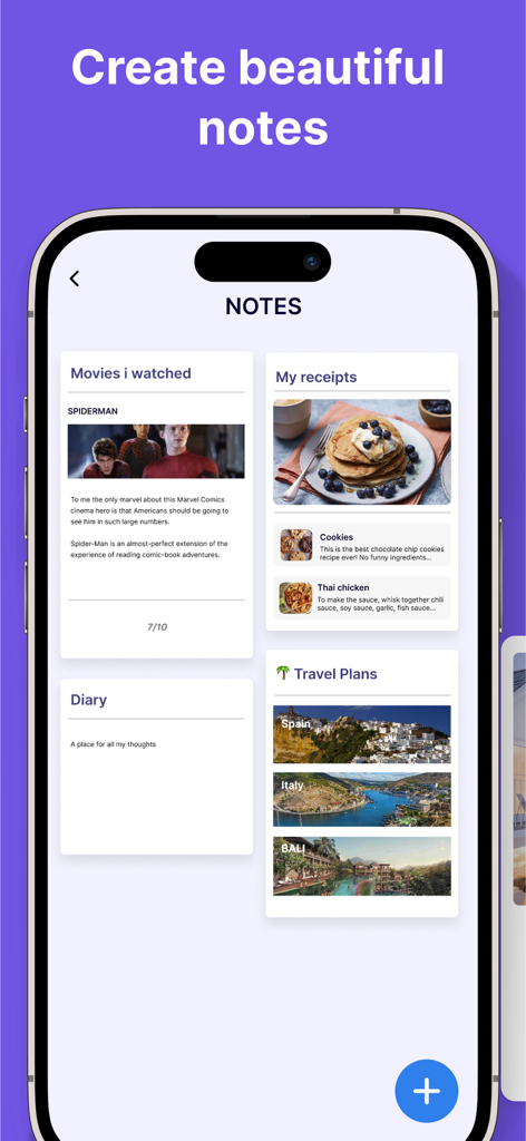 Daily Planner, Schedule: Brite - Funzionalità delle note dell'app Brite Daily Planner che mostra schede per recensioni di film, ricevute, diario e piani di viaggio.