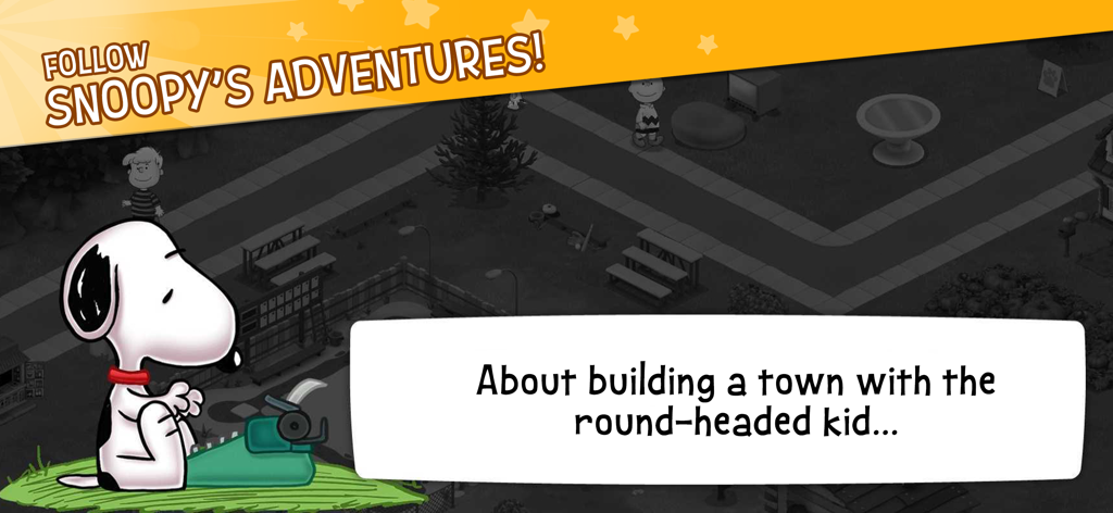 Snoopy sitting at a typewriter in his town with a text bubble about building a town with Charlie Brown