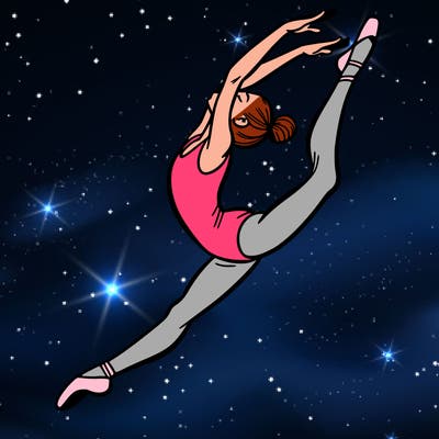 gymnast doing a leap in a leotard with a bent back leg