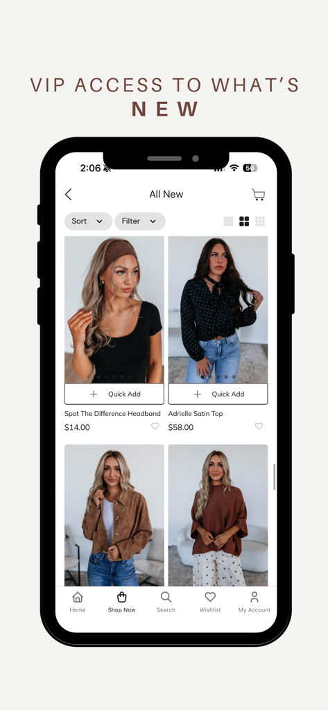 Wild Oak Boutique - Wild Oak Boutique app screen showing new arrivals with VIP access text and trending womens fashion items