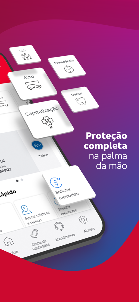 Bradesco Seguros app dashboard displaying various insurance icons and financial services