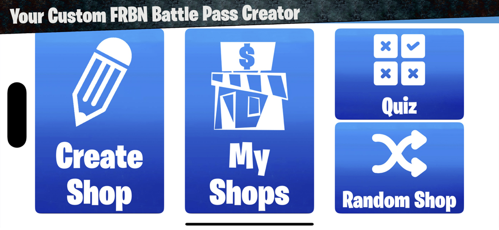 Main menu of the Daily Shop Maker app featuring buttons for Create Shop, My Shops, Quiz, and Random Shop.