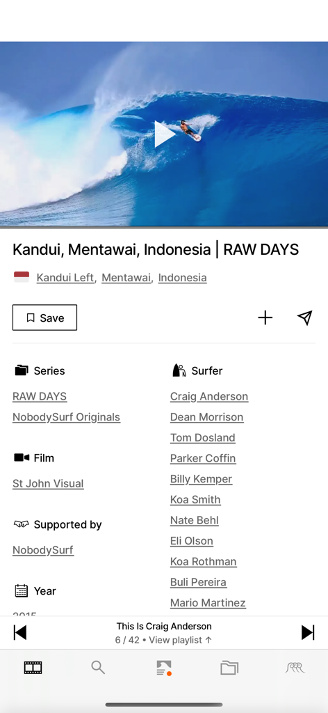 NobodySurf - Surfing Videos - Un écran de l'application NobodySurf affichant un film de surf de haute qualité de Kandui, en Indonésie, avec des métadonnées détaillées sur les surfeurs et les cinéastes