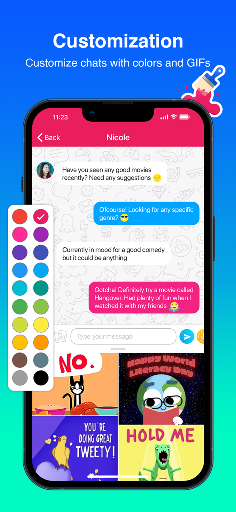 Mint Messenger - Private Chat - Mint Messenger interface showing chat customization options with a color palette and trending GIFs