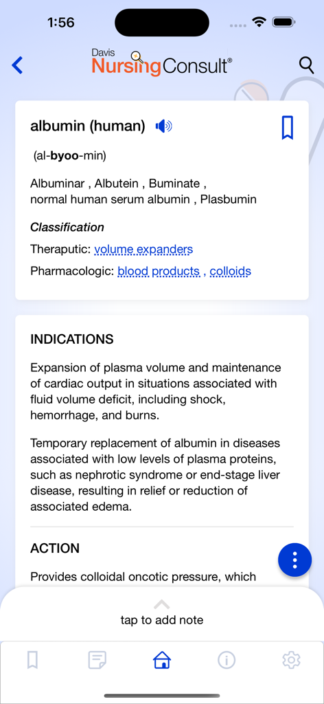 La aplicación Davis Nursing Consult que muestra información médica e indicaciones clínicas para la albúmina humana.