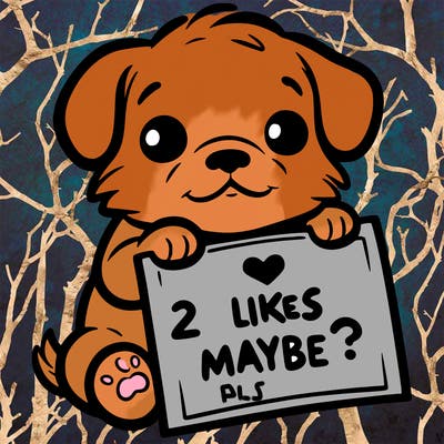 a puppy holding a sign that says 2 likes maybe?