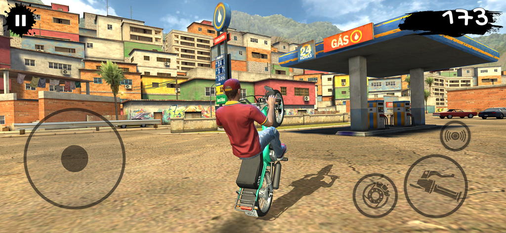 Bike games - Racing games - Ein Motorradfahrer, der einen Wheelie-Stunt an einer Tankstelle in einer städtischen Stadtumgebung ausführt