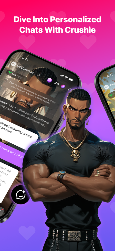 Crushie AI app interface showing a personalized chat with a male AI companion