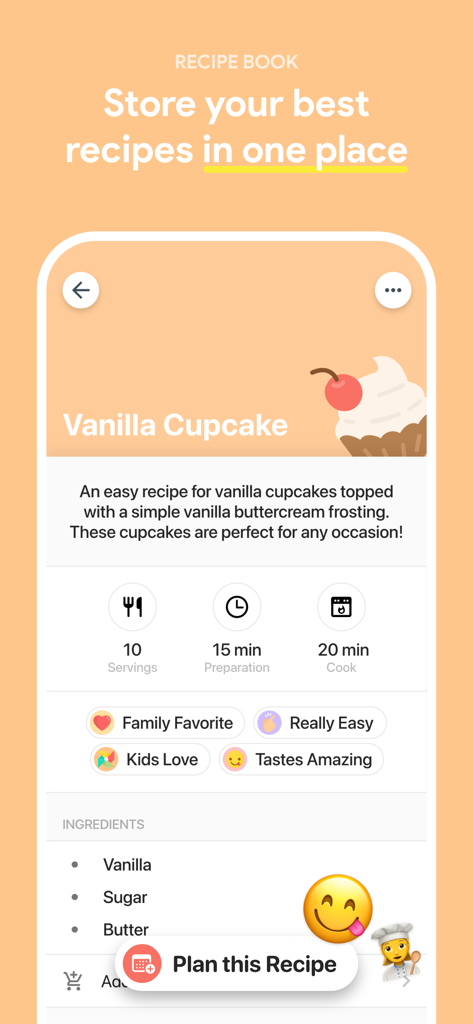 Interface de l'application FamilyWall montrant une fonction de livre de recettes avec une recette de cupcake à la vanille et un bouton de planification des repas