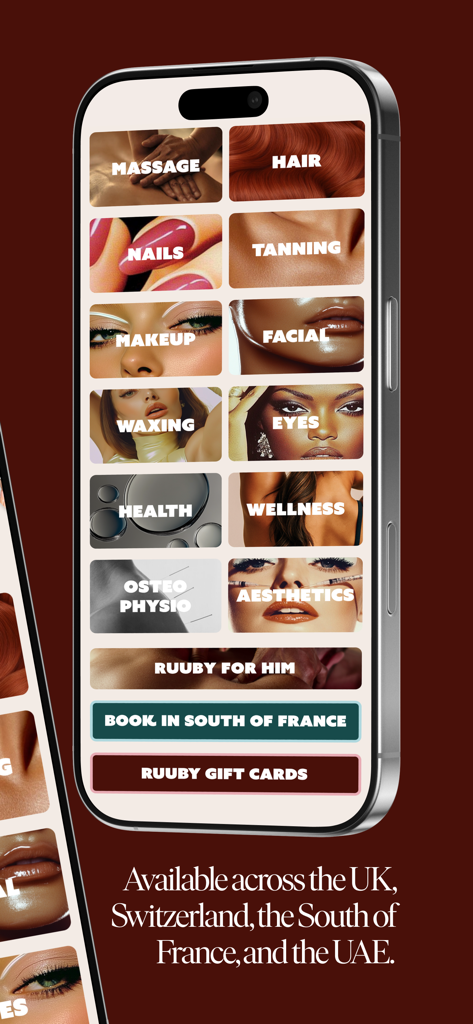 Ruuby - At-Home Beauty - Ruuby mobile app screen displaying beauty and wellness service categories including massage hair and nails