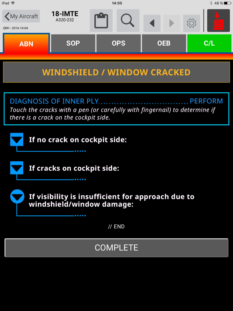 Digital abnormal procedure checklist for a cracked windshield on an Airbus A320 using the eQRH app.