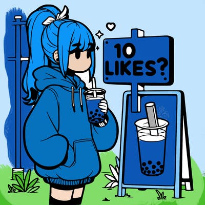 girl with oversized hoodie drinking boba and she has a high ponytail with a sign that says 10likes?