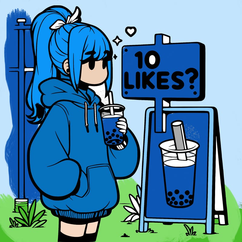 girl with oversized hoodie drinking boba and she has a high ponytail with a sign that says 10likes?