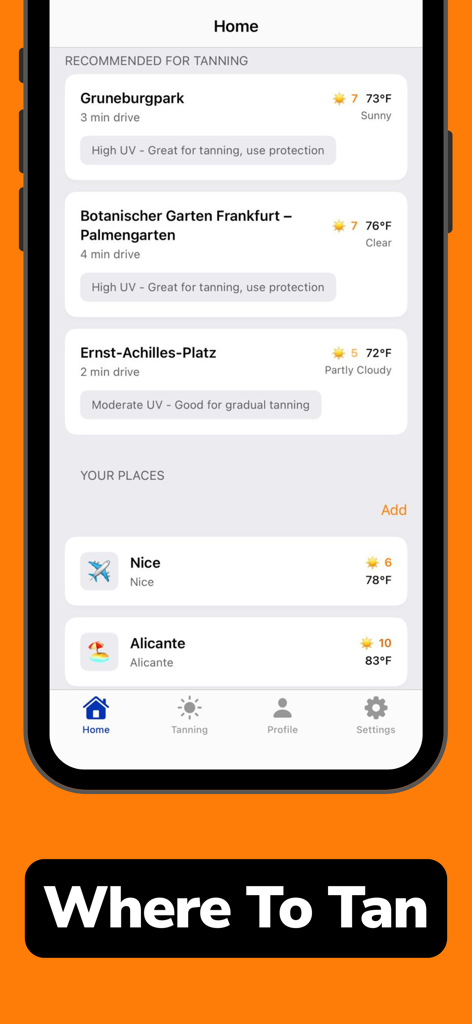 Sunglow: Safe Tanning - Tela inicial do aplicativo Sunglow mostrando locais de bronzeamento recomendados com índice UV e informações meteorológicas em tempo real.