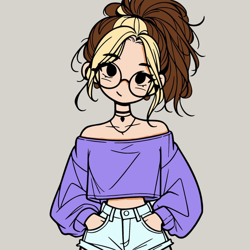 girl with a messy ponytail glasses a baggy crop top and jean shorts