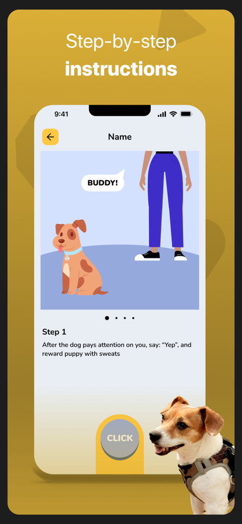 Dog Training & Clicker - Pawer - Interface of the Pawer dog training app displaying step by step instructions for name recognition with a digital clicker button