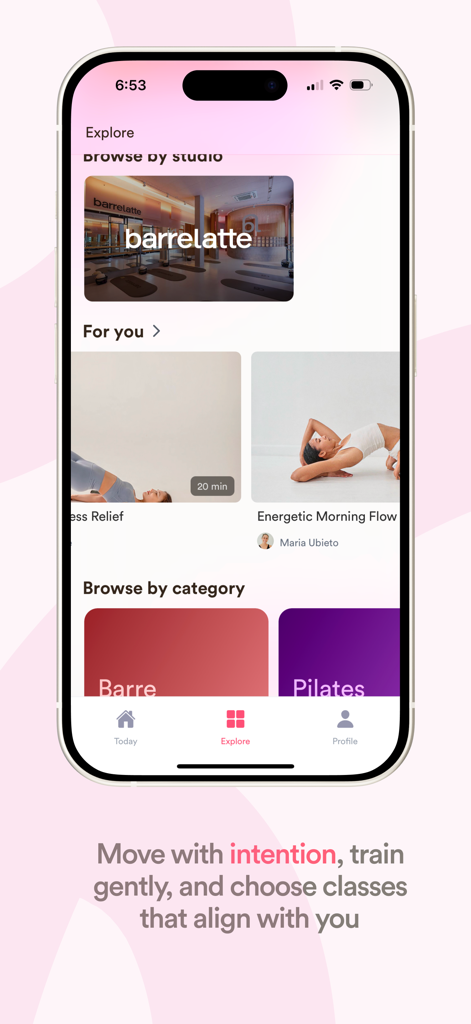 Ova: Move with Your Cycle - Ova app explore screen displaying barre and pilates workout categories and personalized class recommendations