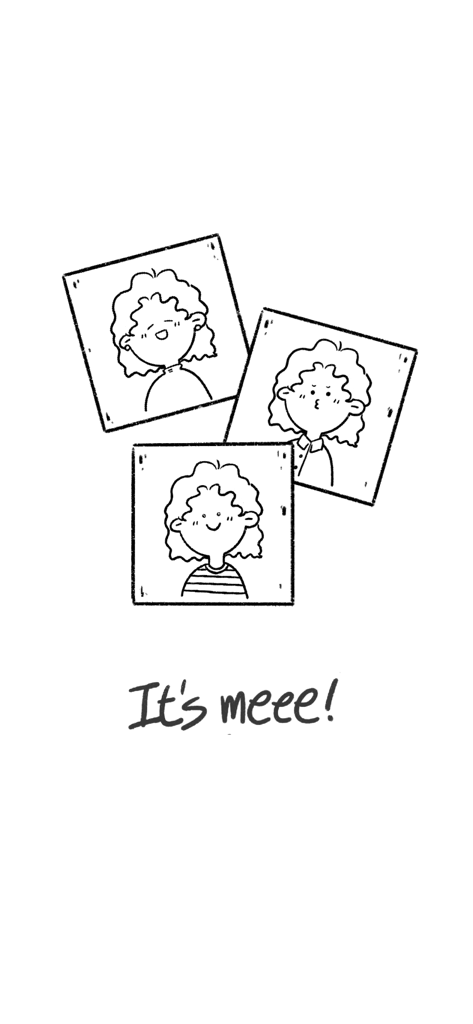 Three hand drawn minimalist character avatars in polaroid style frames with the text its meee