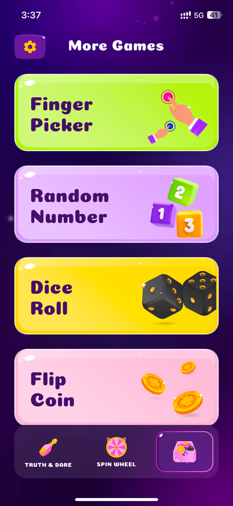 A menu screen of a party game app showing Finger Picker, Random Number, Dice Roll, and Flip Coin options.