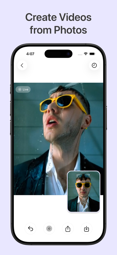 GenLive: AI Video & Live Photo - Un'interfaccia di smartphone che dimostra l'app GenLive mentre crea un video AI da una foto di un uomo con occhiali da sole gialli.