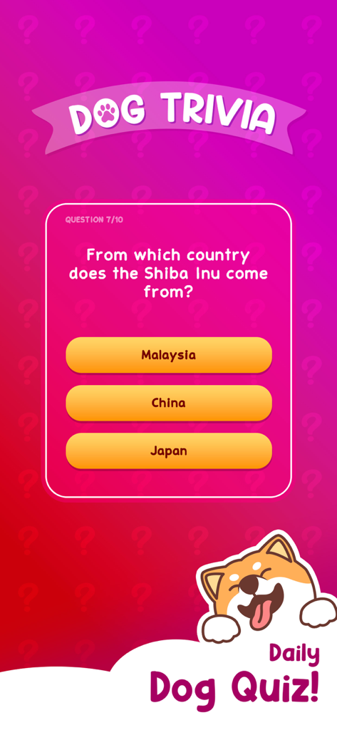 Dog Hotel Tycoon: Pet Game - Pregunta de concurso diario de trivia para perros sobre el origen de la raza de perro Shiba Inu