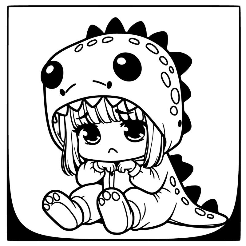 sad girl in dinosaur onesie