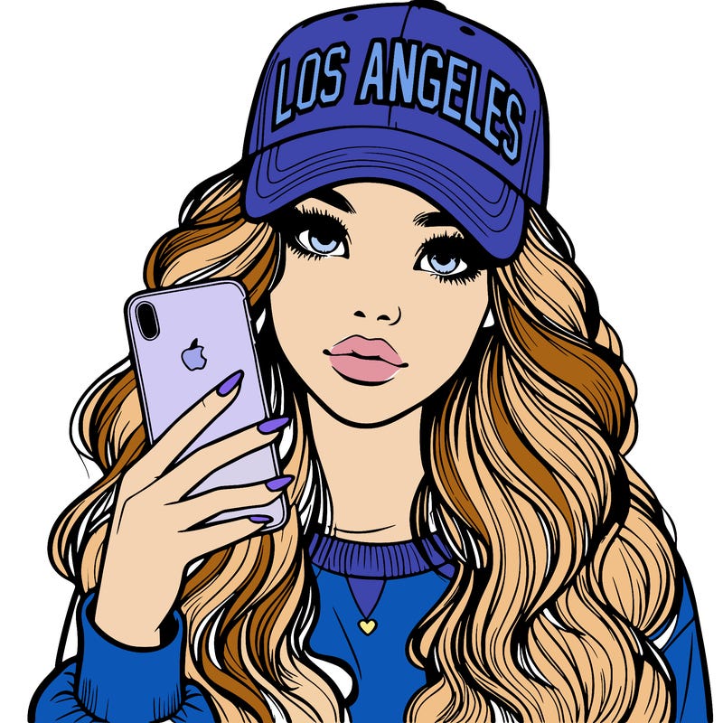 realistic beautiful girl wearing los ángeles cap holding an iphone