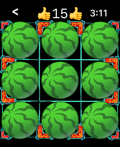 Merge Watermelon 4 Watch - Gameplay screenshot showing a 3x3 grid of watermelons on the watch app