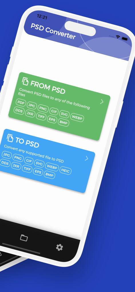 PSD Converter, PSD to PNG - Tela principal do aplicativo Conversor de PSD mostrando opções para converter de e para o formato PSD
