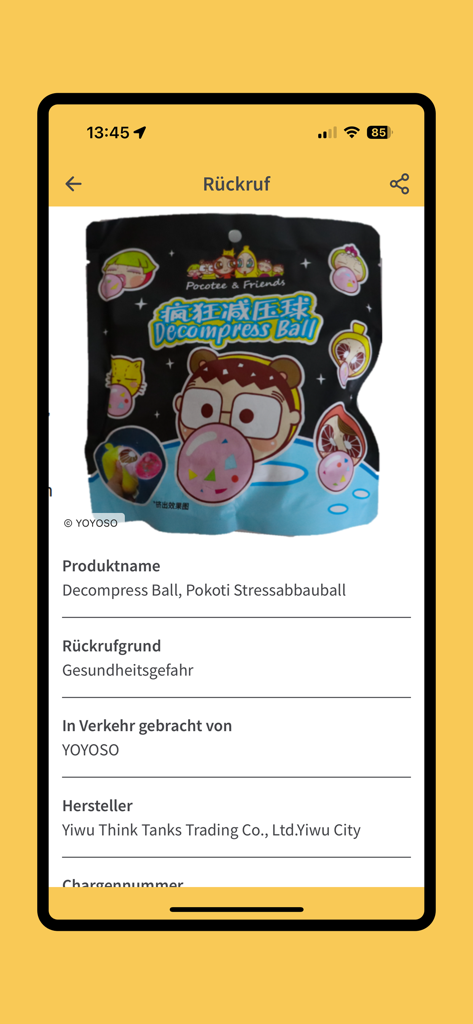 Visão detalhada de um recall de produto de brinquedo dentro do aplicativo AGES mostrando informações de segurança