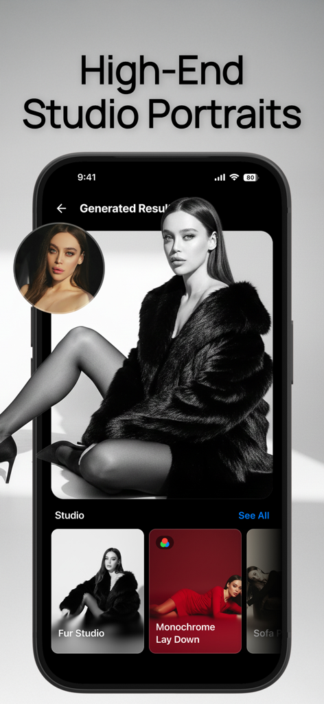 AI Image Generator - VisuAI - VisuAI app screen showing a high-end black and white studio portrait of a woman in a fur coat generated from a selfie.