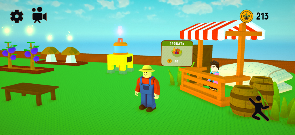 Farm 3D — Garden Game - Un personnage fermier 3D debout devant un étal de marché dans le jeu Farm 3D Garden.