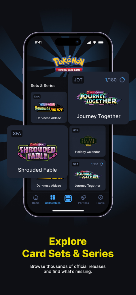 A smartphone screen showing the HoloDex app library of Pokemon TCG card sets and series