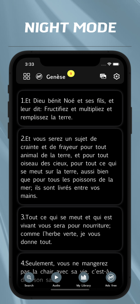 創世記の一節をナイトモードテーマで表示するフランス語聖書アプリ