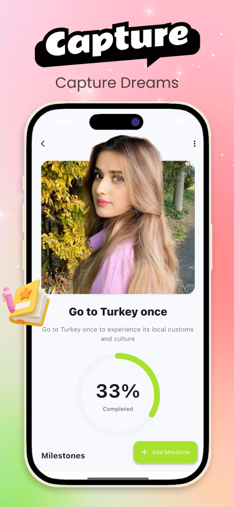 Vexy - Dream  Companion - A screenshot of the Vexy app interface displaying a travel goal with a circular progress bar at 33 percent.