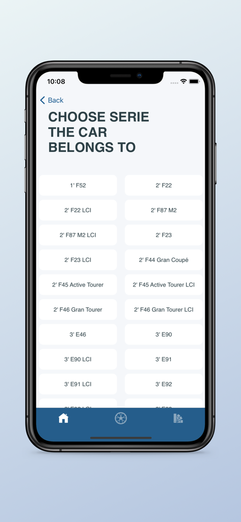 BimmerRefs mobile app screen showing a list of BMW series and model codes for vehicle selection