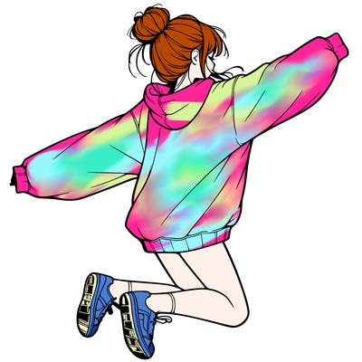 realistic girl jumping with a bun and oversized sweatshirt