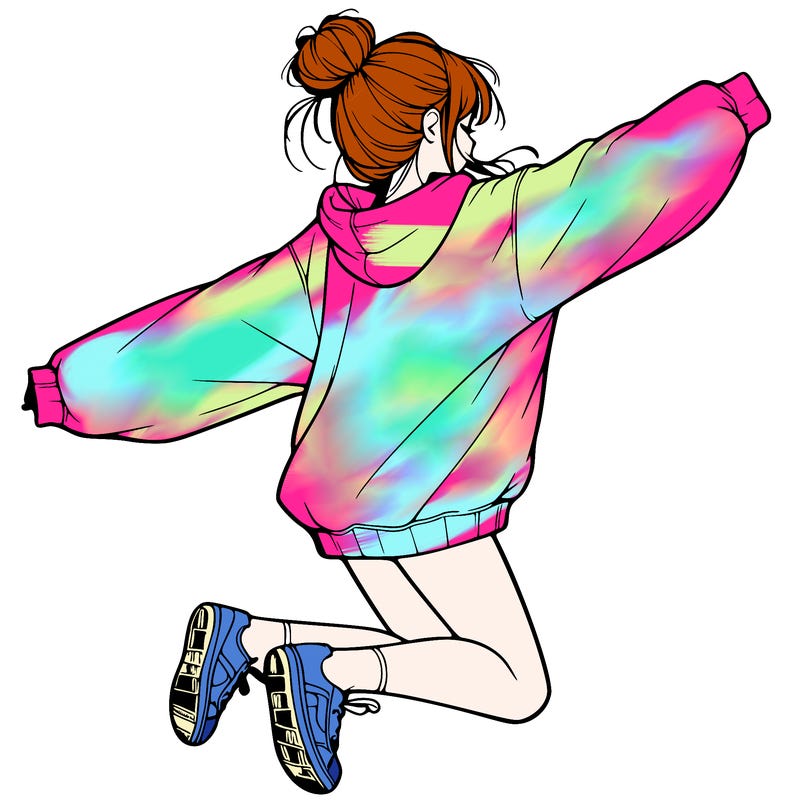 realistic girl jumping with a bun and oversized sweatshirt