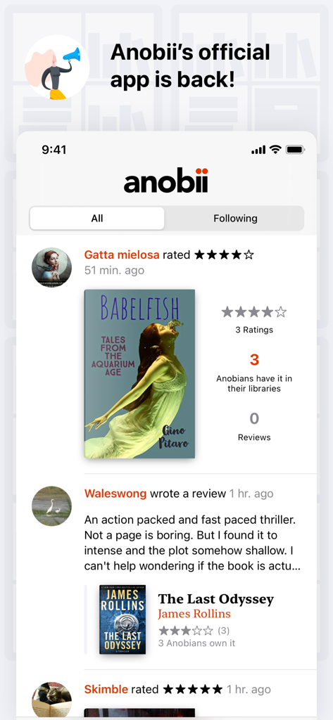 Anobii™ - Anobii app interface showing user book ratings and reviews from the community