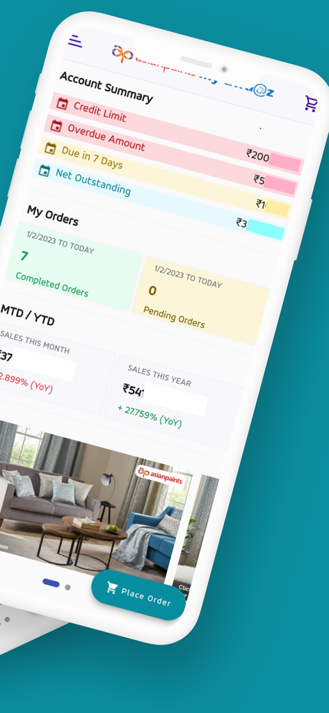 Home Decor My Awaaz - Mobile dashboard showing account summary, order status, and sales metrics for Home Decor My Awaaz.