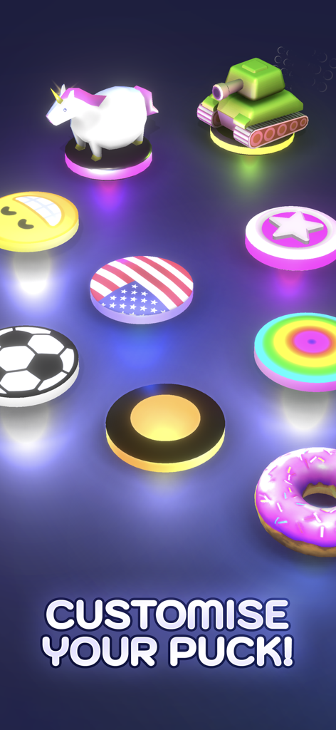 Buca! Fun, Satisfying Game - Una selección de varias skins personalizables para el disco del juego Buca, incluyendo un tanque unicornio y un donut