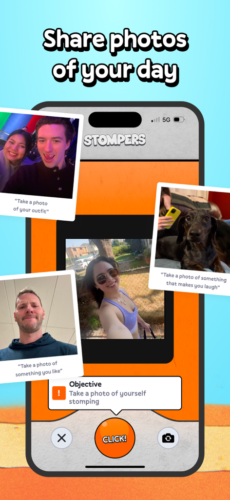 Stompers: Step Counter Friends - Stompers app screen showing friends sharing daily photos and completing social walking challenges